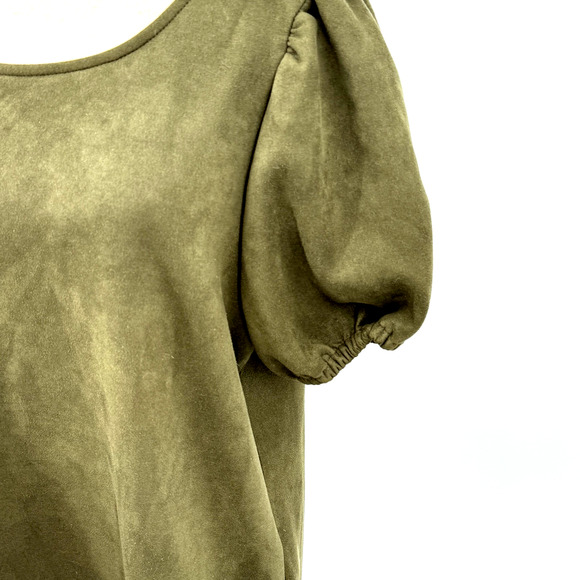Sharagano Dress Women's 14 Olive Green Faux Suede Puff Sleeve Forest Fairy Shift - Picture 2 of 8